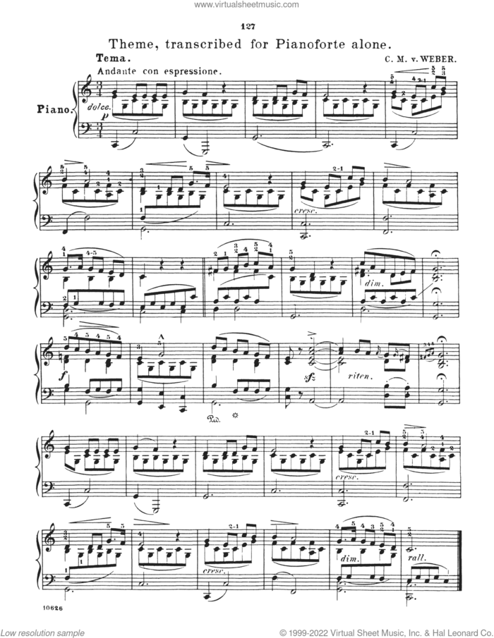 Variations on 'Vien qua Dorina bella,' Op.7 sheet music for piano solo by Carl Maria von Weber, classical score, intermediate skill level