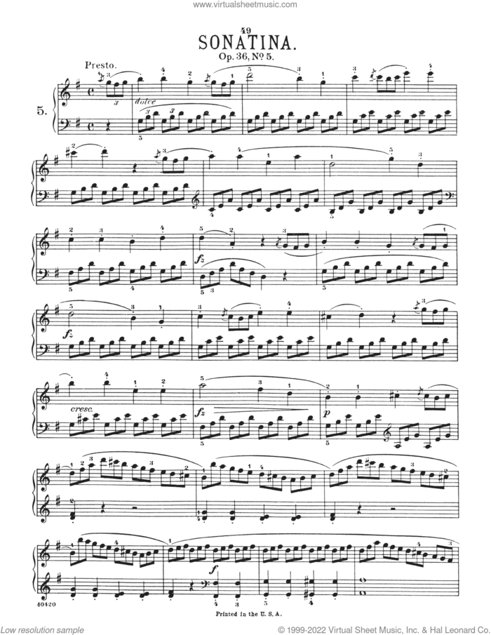 Sonatina In G Major, Op. 36, No. 5 sheet music for piano solo by Muzio Clementi, classical score, intermediate skill level