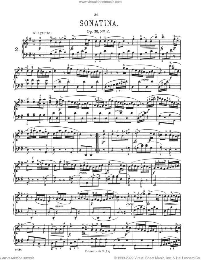 Sonatina In G Major, Op. 36, No. 2 sheet music for piano solo by Muzio Clementi, classical score, intermediate skill level