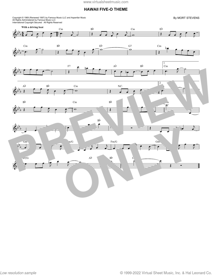 Hawaii Five-O Theme sheet music for voice and other instruments (fake book) by The Ventures and Mort Stevens, intermediate skill level