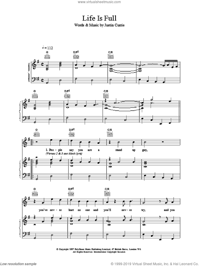 Life Is Full sheet music for voice, piano or guitar by Del Amitri, intermediate skill level