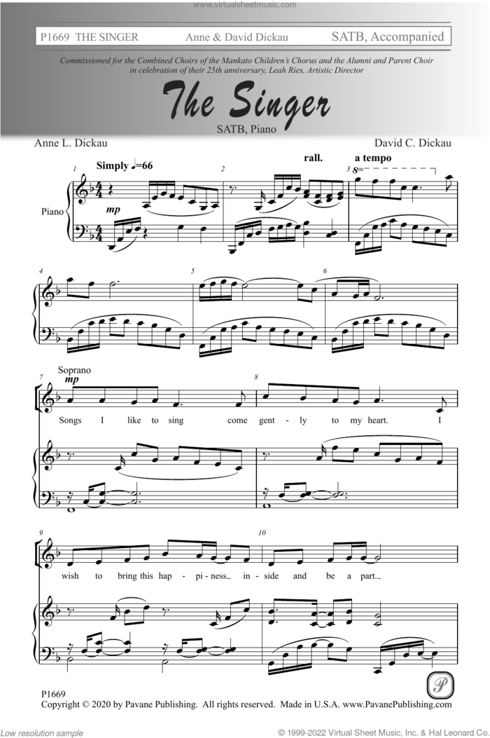 The Singer sheet music for choir (SATB: soprano, alto, tenor, bass) by David C. Dickau and Anne L. Dickau, intermediate skill level