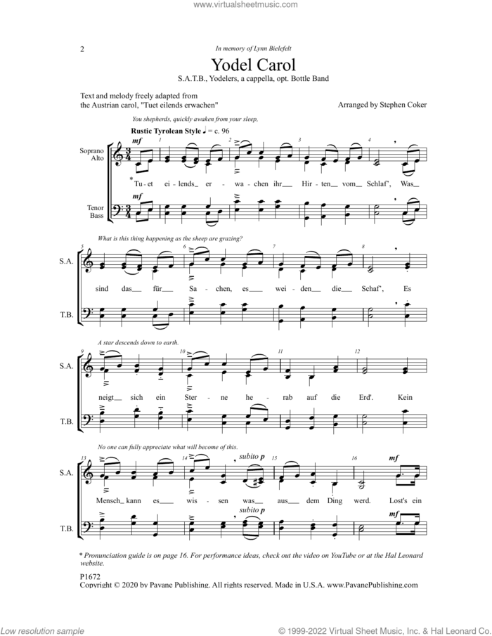 Yodel Carol sheet music for choir (SATB: soprano, alto, tenor, bass) by Stephen Coker, intermediate skill level
