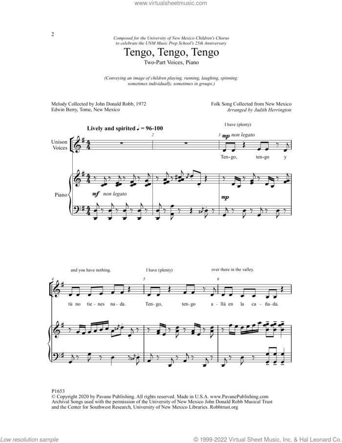 Tengo, Tengo, Tengo sheet music for choir (2-Part Treble) by Judith Herrington, intermediate skill level