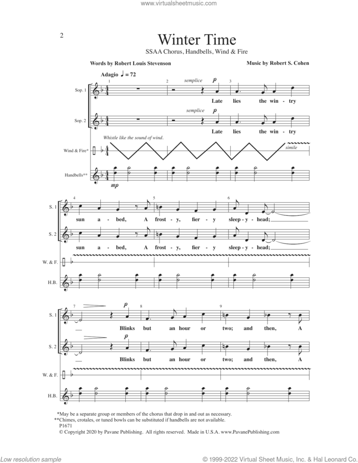 Winter Time sheet music for choir (SSAA: soprano, alto) by Robert S. Cohen and Robert Louis Stevenson, intermediate skill level