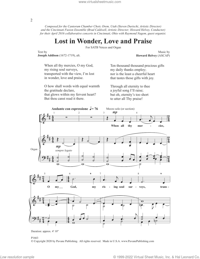 Lost In Wonder, Love And Praise sheet music for choir (SATB: soprano, alto, tenor, bass) by Howard Helvey and Joseph Addison, intermediate skill level