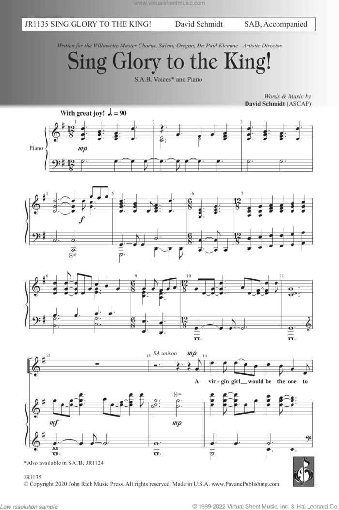 Sing Glory To The King sheet music for choir (SAB: soprano, alto, bass) by David Schmidt, intermediate skill level