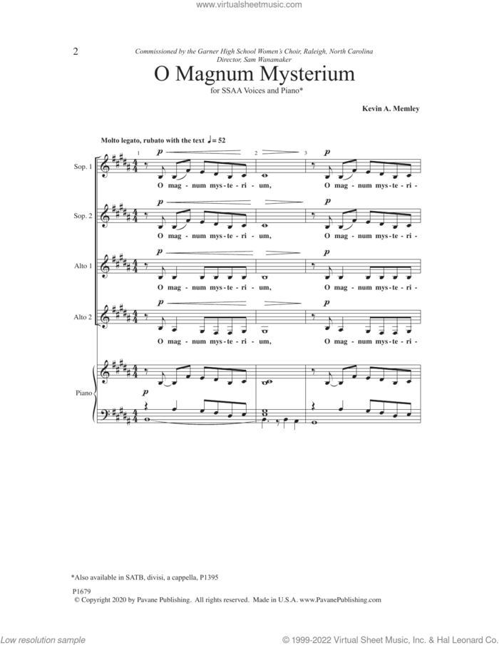 O Magnum Mysterium sheet music for choir (SSAA: soprano, alto) by Kevin A. Memley, intermediate skill level