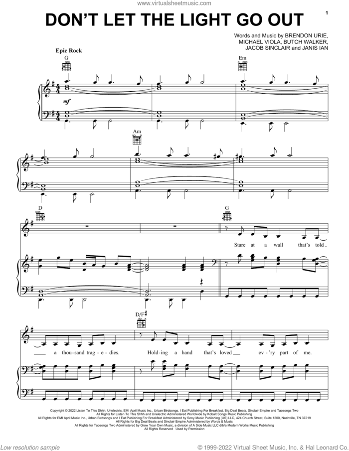Don't Let The Light Go Out sheet music for voice, piano or guitar by Panic! At The Disco, Brendon Urie, Butch Walker, Jacob Sinclair, Janis Ian and Michael Viola, intermediate skill level