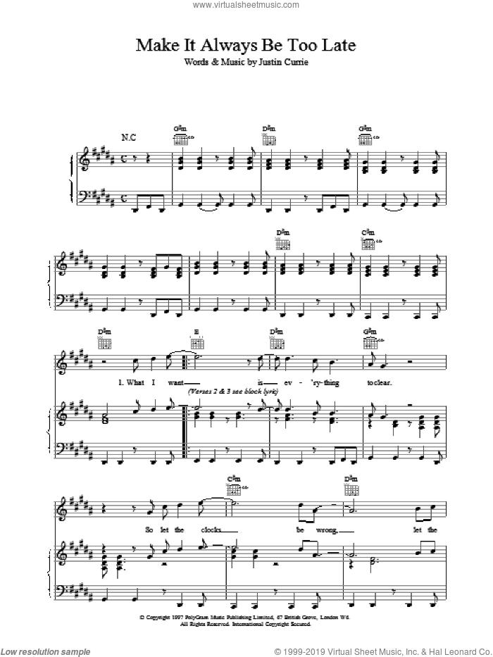 Make It Always Be Too Late sheet music for voice, piano or guitar by Del Amitri, intermediate skill level