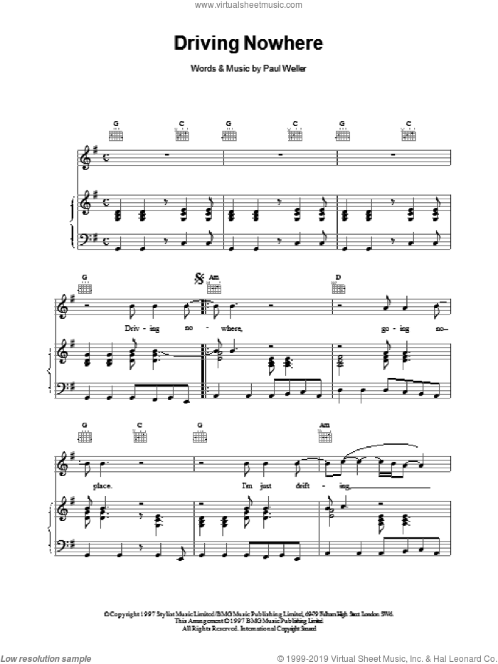 Driving Nowhere sheet music for voice, piano or guitar by Paul Weller, intermediate skill level