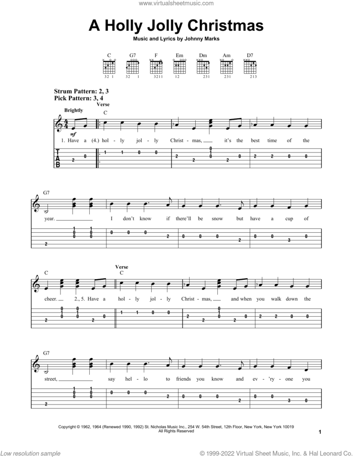 A Holly Jolly Christmas sheet music for guitar solo (easy tablature) by Johnny Marks, easy guitar (easy tablature)