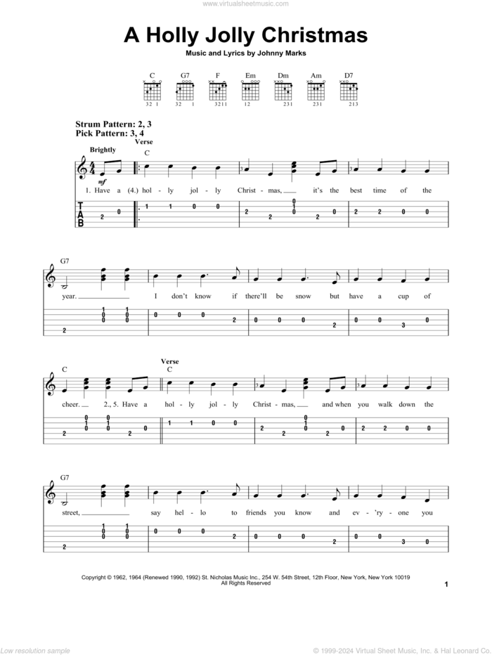 A Holly Jolly Christmas sheet music for guitar solo (easy tablature) by Johnny Marks, easy guitar (easy tablature)