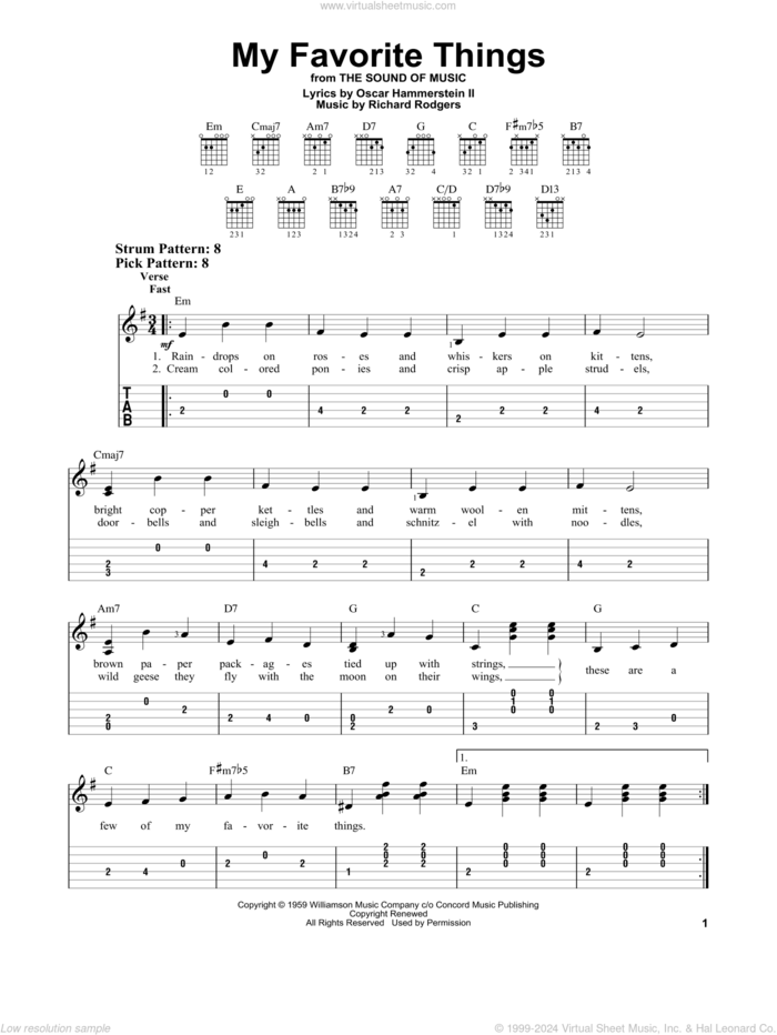 My Favorite Things (from The Sound Of Music) sheet music for guitar solo (easy tablature) by Richard Rodgers, Oscar II Hammerstein and Rodgers & Hammerstein, easy guitar (easy tablature)