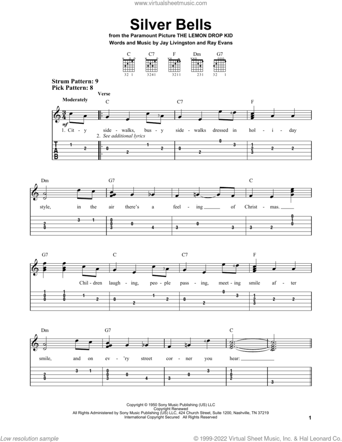 Silver Bells sheet music for guitar solo (easy tablature) by Jay Livingston, Jay Livingston & Ray Evans and Ray Evans, easy guitar (easy tablature)