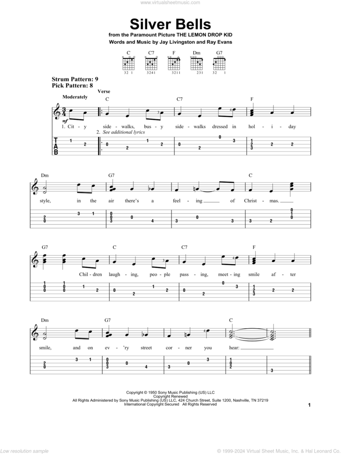 Silver Bells sheet music for guitar solo (easy tablature) by Jay Livingston, Jay Livingston & Ray Evans and Ray Evans, easy guitar (easy tablature)