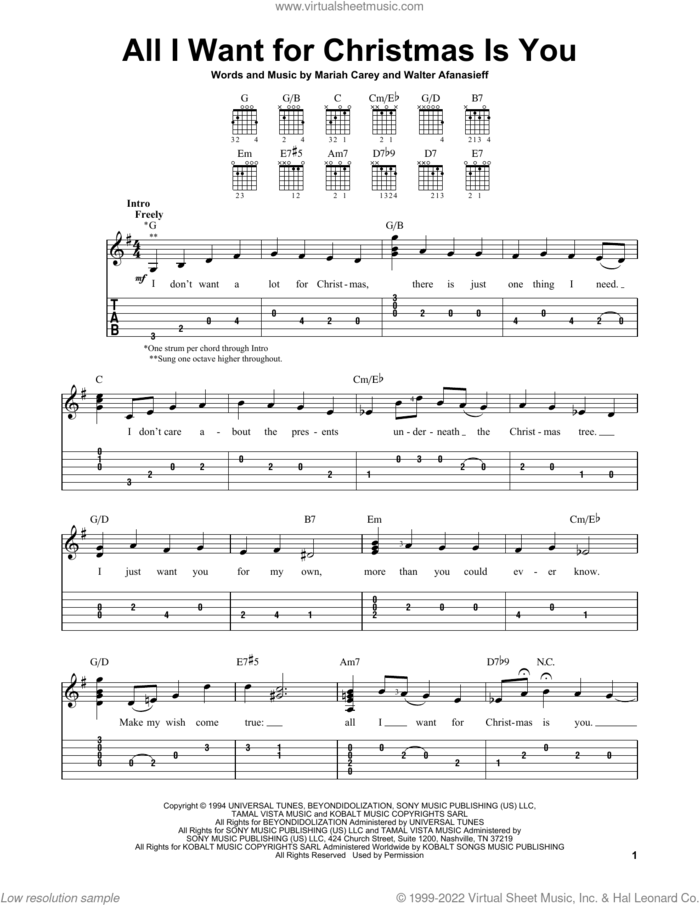 All I Want For Christmas Is You sheet music for guitar solo (easy tablature) by Mariah Carey and Walter Afanasieff, easy guitar (easy tablature)