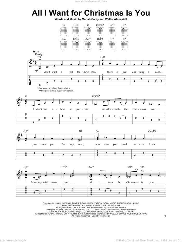 All I Want For Christmas Is You sheet music for guitar solo (easy tablature) by Mariah Carey and Walter Afanasieff, easy guitar (easy tablature)