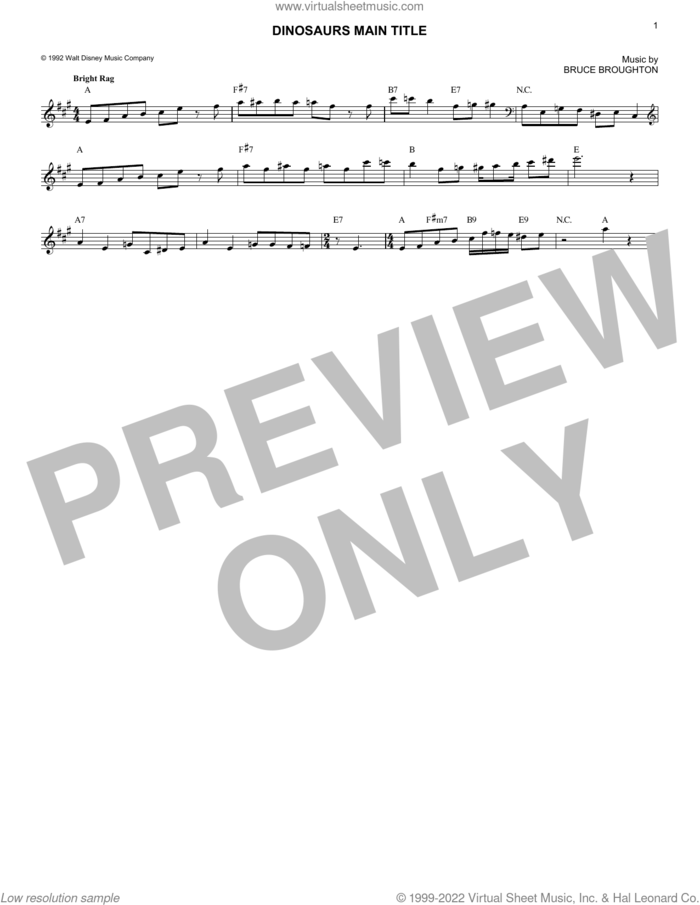Dinosaurs Main Title sheet music for voice and other instruments (fake book) by Bruce Broughton, intermediate skill level