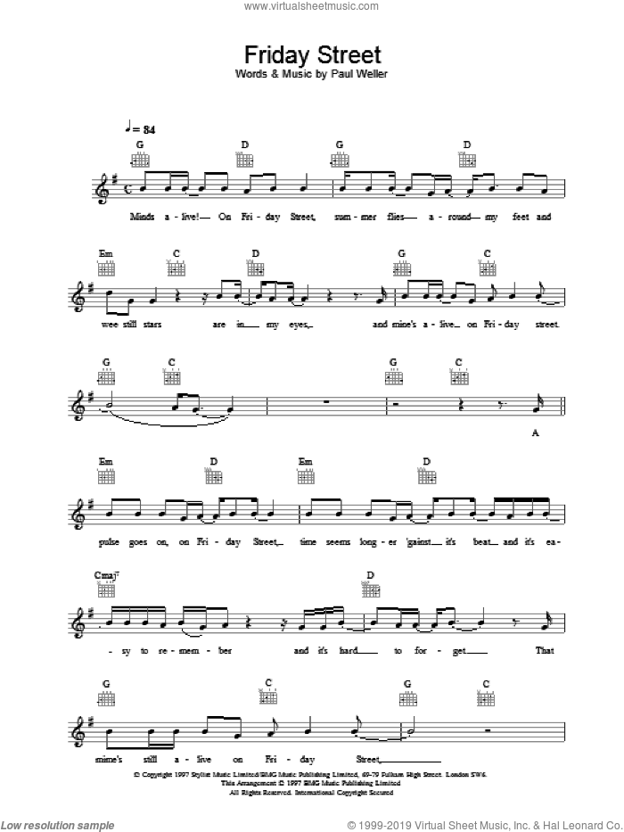 Friday Street sheet music for voice and other instruments (fake book) by Paul Weller, intermediate skill level