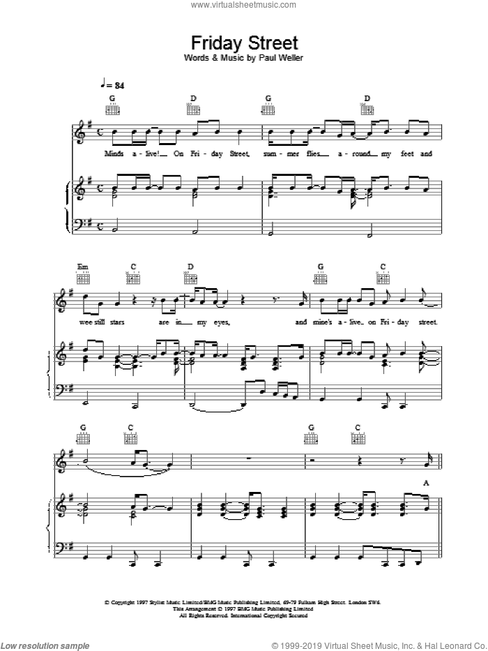 Friday Street sheet music for voice, piano or guitar by Paul Weller, intermediate skill level