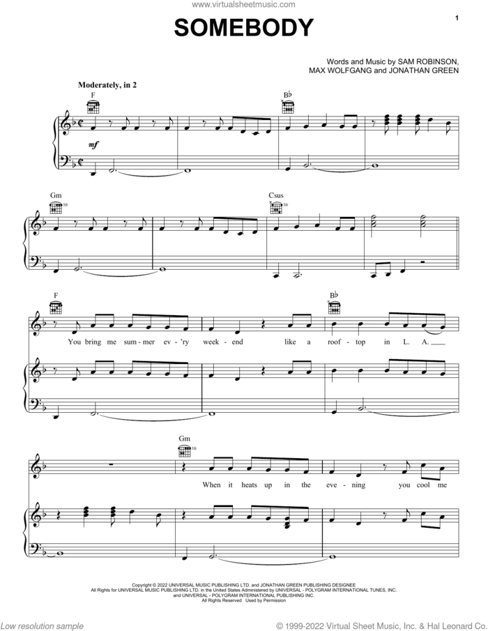 Somebody sheet music for voice, piano or guitar by Sam Ryder, Jonathan Green and Max Wolfgang, intermediate skill level