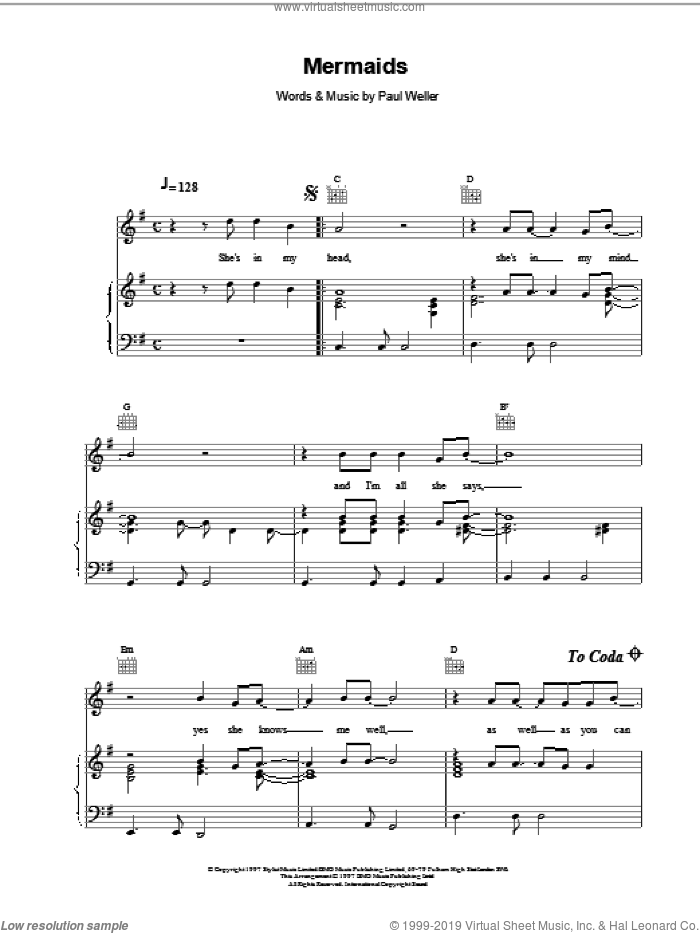 Mermaids sheet music for voice, piano or guitar by Paul Weller, intermediate skill level