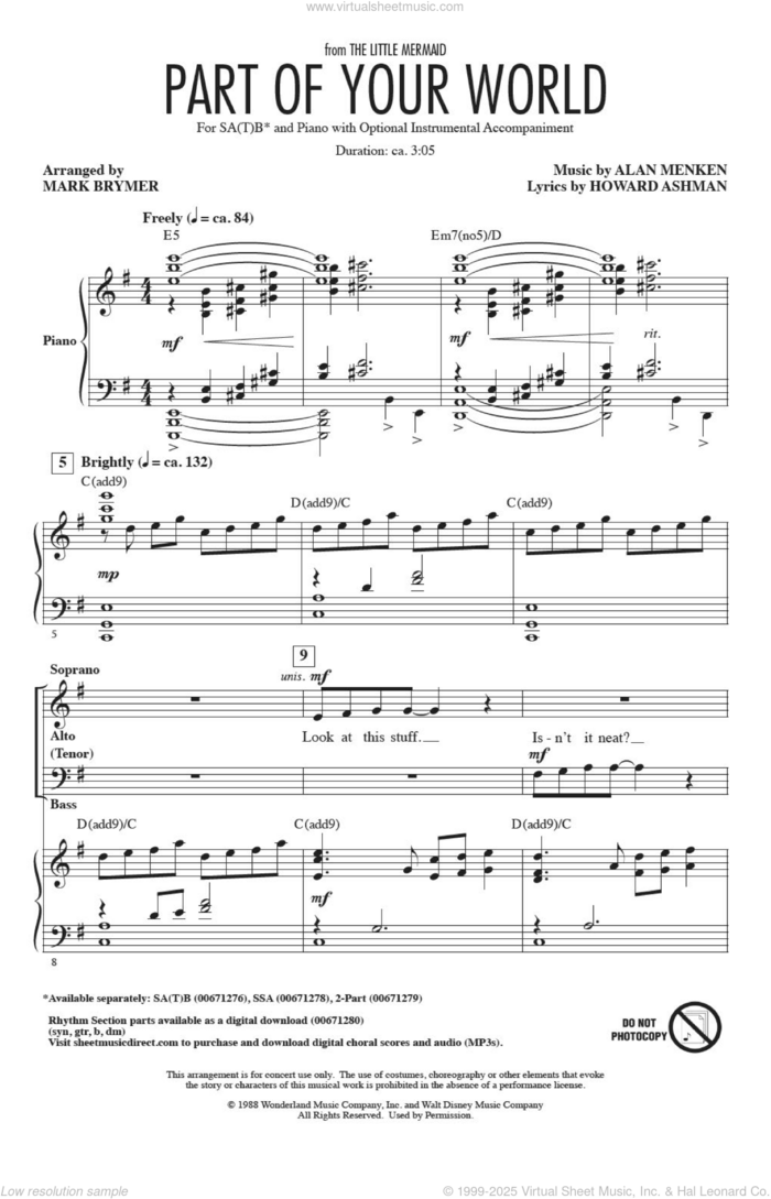 Part Of Your World (from The Little Mermaid) (arr. Mark Brymer) sheet music for choir (sa(t)b) by Alan Menken & Howard Ashman, Mark Brymer, Alan Menken and Howard Ashman, intermediate skill level
