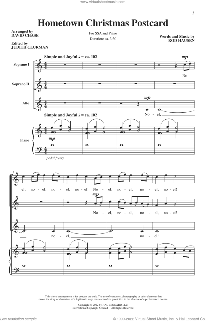 A Hometown Christmas Postcard (arr. David Chase) sheet music for choir (SSA: soprano, alto) by Rod Hausen and David Chase, intermediate skill level