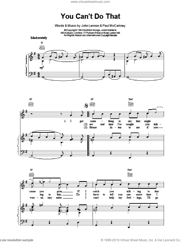 You Can't Do That sheet music for voice, piano or guitar by The Beatles, intermediate skill level