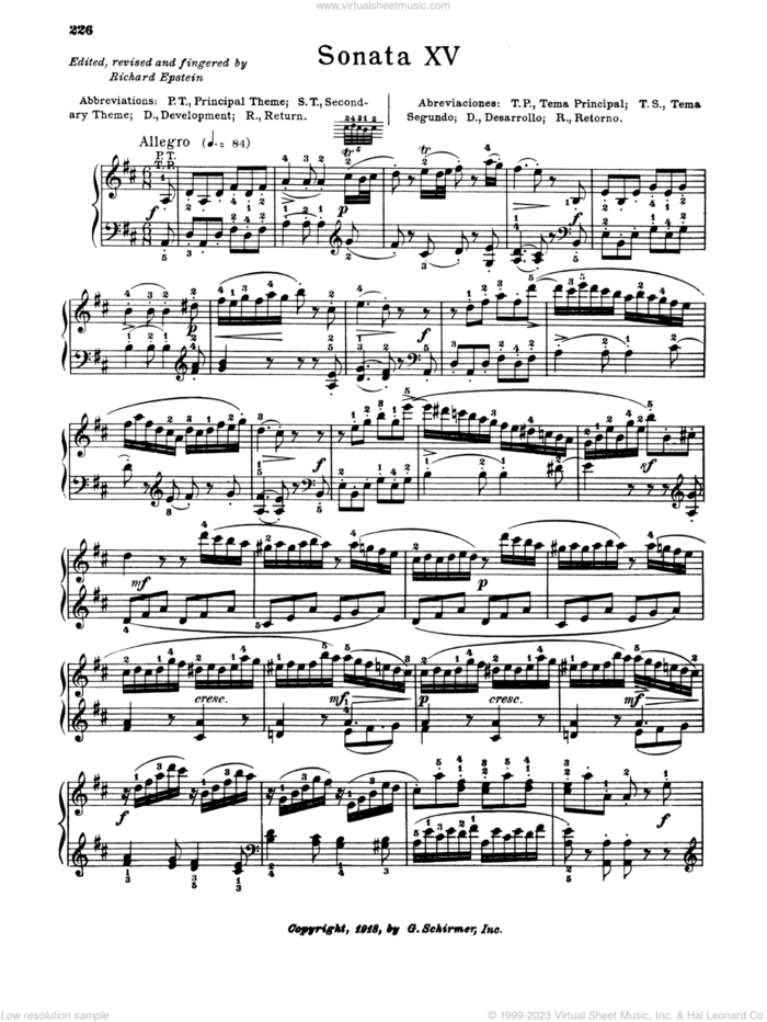 Sonata In D Major, K. 576 sheet music for piano solo by Wolfgang Amadeus Mozart and Richard Epstein, classical score, intermediate skill level