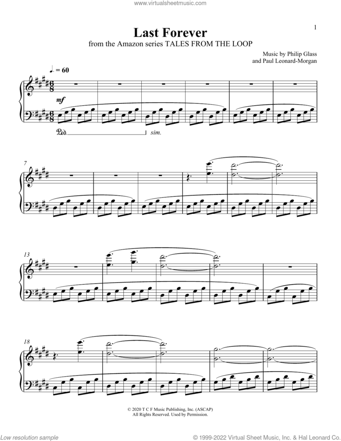 Last Forever (from Tales From The Loop) sheet music for piano solo by Philip Glass and Paul Leonard-Morgan, Paul Leonard-Morgan and Philip Glass, intermediate skill level