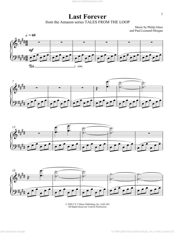 Last Forever (from Tales From The Loop) sheet music for piano solo by Philip Glass and Paul Leonard-Morgan, Paul Leonard-Morgan and Philip Glass, intermediate skill level