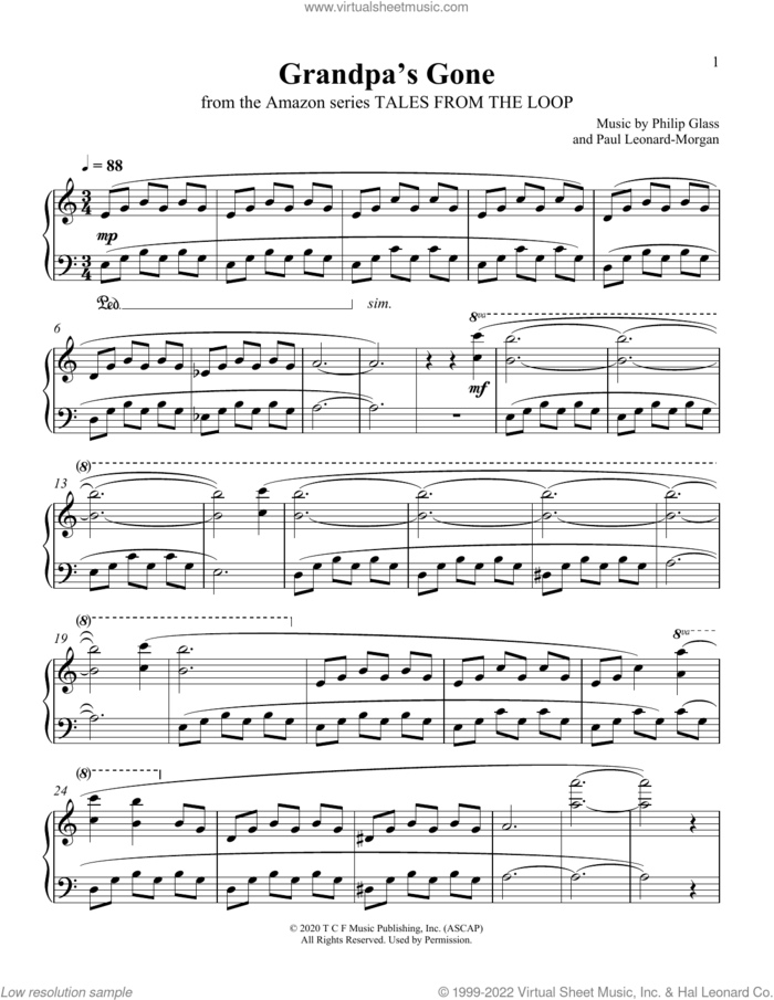 Grandpa's Gone (from Tales From The Loop) sheet music for piano solo by Philip Glass and Paul Leonard-Morgan, Paul Leonard-Morgan and Philip Glass, intermediate skill level