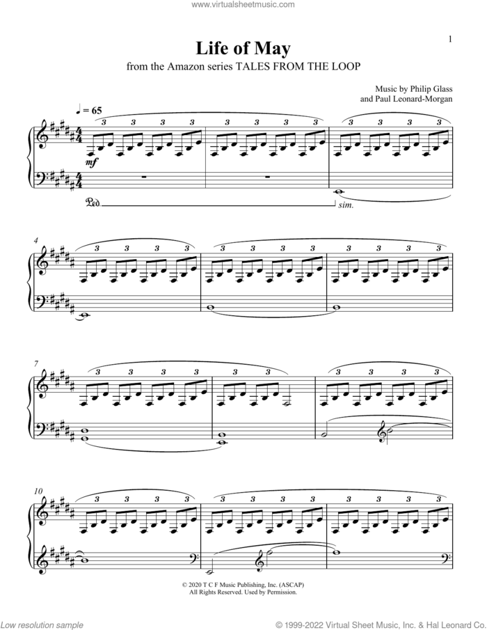 Life Of May (from Tales From The Loop) sheet music for piano solo by Philip Glass and Paul Leonard-Morgan, Paul Leonard-Morgan and Philip Glass, intermediate skill level