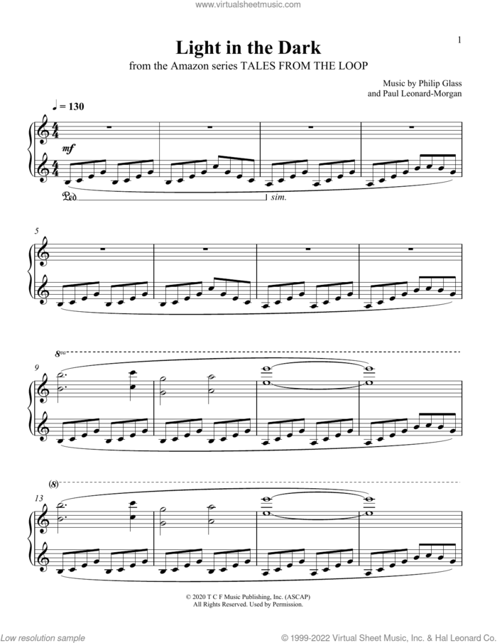 Light In The Dark (from Tales From The Loop) sheet music for piano solo by Philip Glass and Paul Leonard-Morgan, Paul Leonard-Morgan and Philip Glass, intermediate skill level