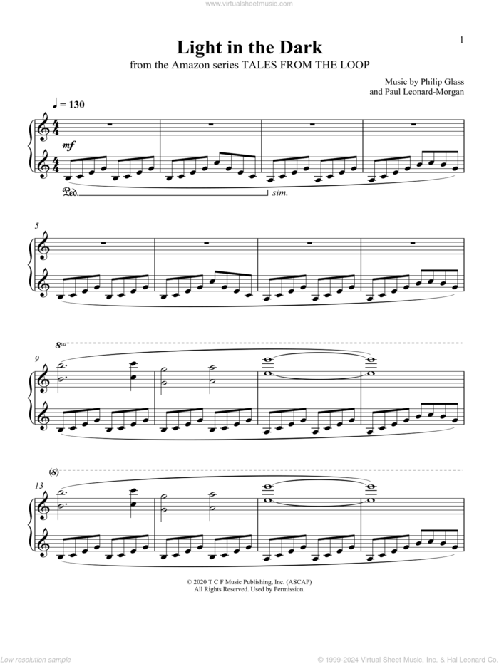 Light In The Dark (from Tales From The Loop) sheet music for piano solo by Philip Glass and Paul Leonard-Morgan, Paul Leonard-Morgan and Philip Glass, intermediate skill level