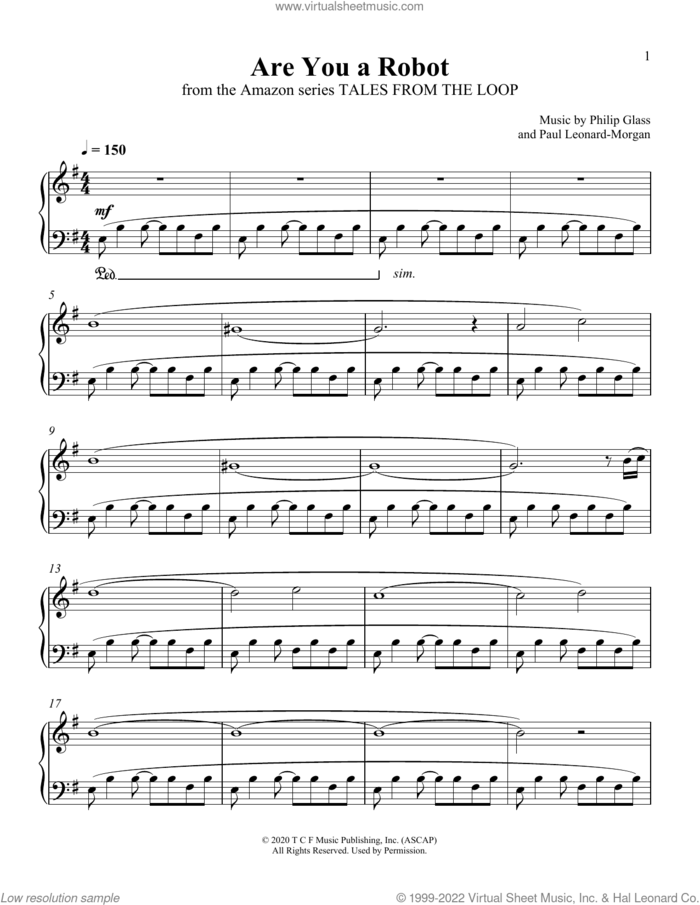 Are You A Robot (from Tales From The Loop) sheet music for piano solo by Philip Glass and Paul Leonard-Morgan, Paul Leonard-Morgan and Philip Glass, intermediate skill level