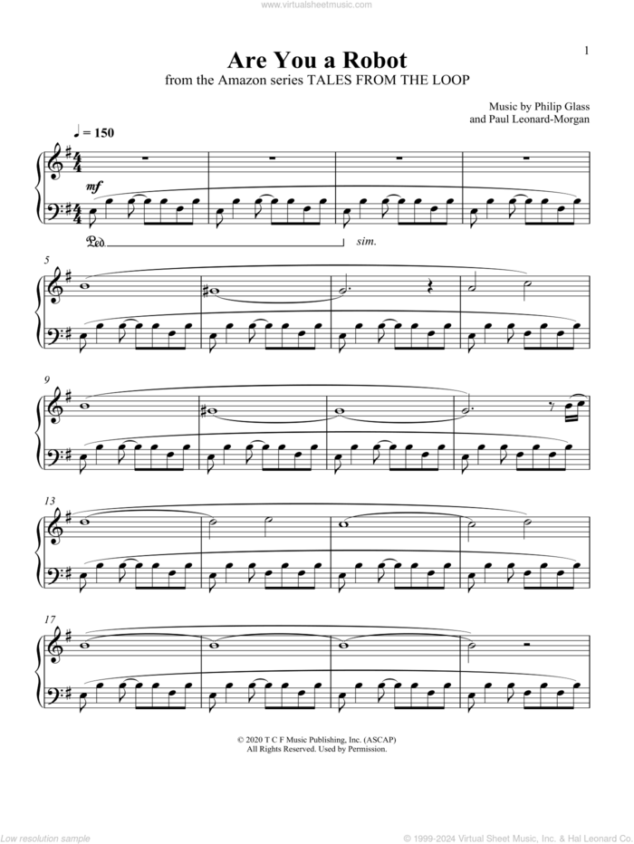 Are You A Robot (from Tales From The Loop) sheet music for piano solo by Philip Glass and Paul Leonard-Morgan, Paul Leonard-Morgan and Philip Glass, intermediate skill level