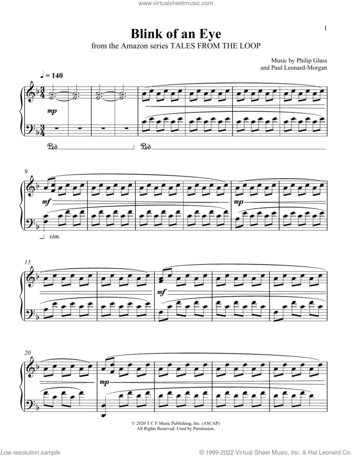 Blink Of An Eye (from Tales From The Loop) sheet music for piano solo by Philip Glass and Paul Leonard-Morgan, Paul Leonard-Morgan and Philip Glass, intermediate skill level