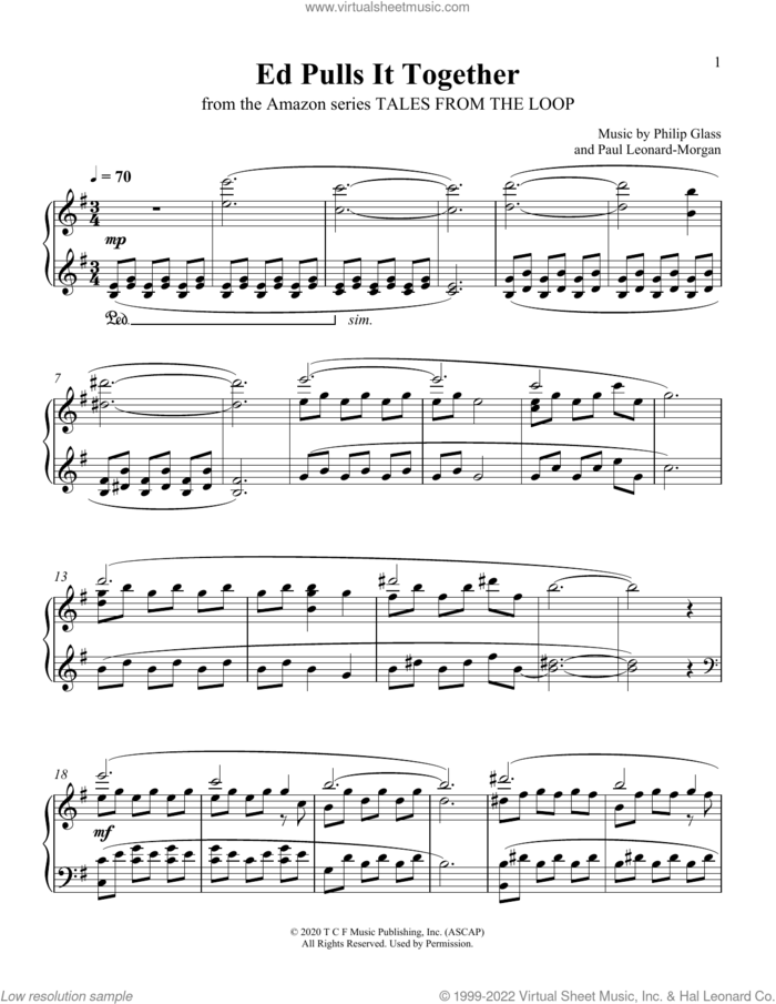 Ed Pulls It Together (from Tales From The Loop) sheet music for piano solo by Philip Glass and Paul Leonard-Morgan, Paul Leonard-Morgan and Philip Glass, intermediate skill level