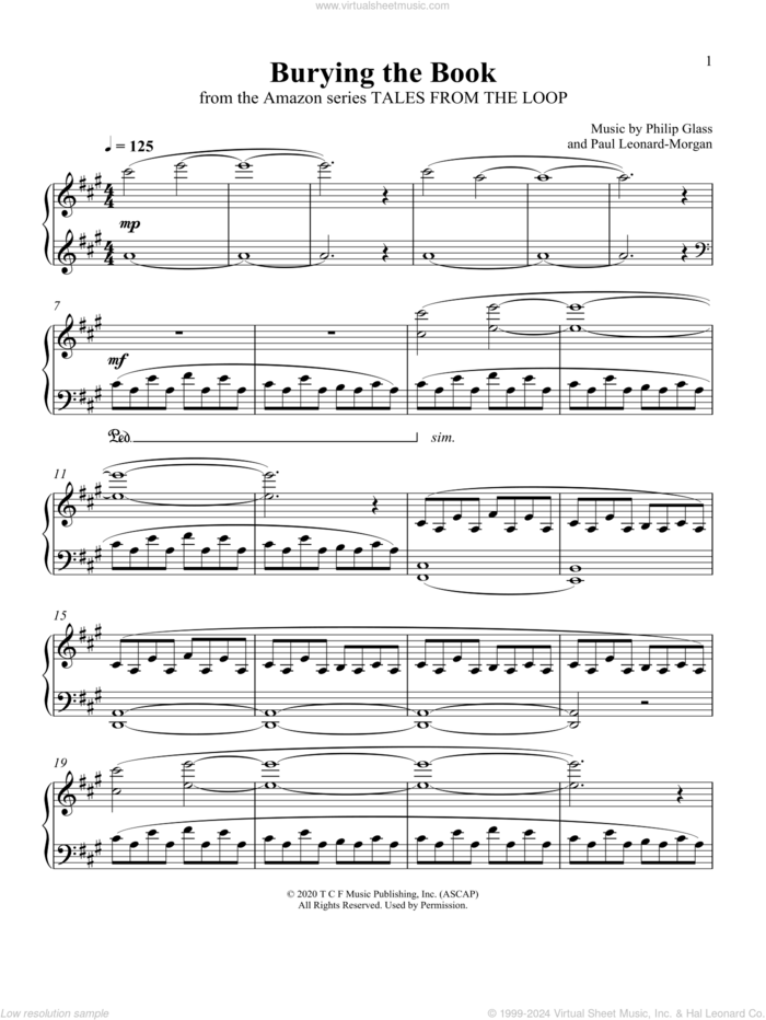Burying The Book (from Tales From The Loop) sheet music for piano solo by Philip Glass and Paul Leonard-Morgan, Paul Leonard-Morgan and Philip Glass, intermediate skill level