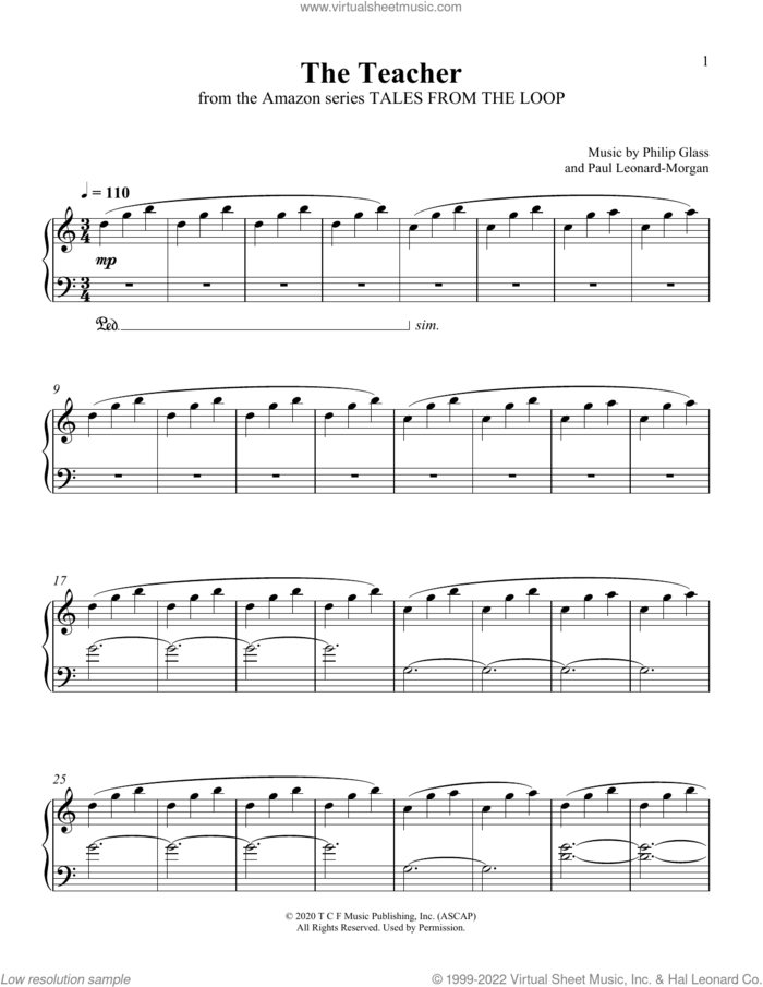 The Teacher (from Tales From The Loop) sheet music for piano solo by Philip Glass and Paul Leonard-Morgan, Paul Leonard-Morgan and Philip Glass, intermediate skill level