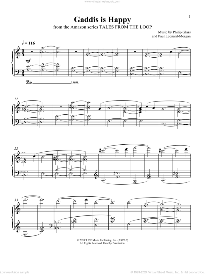 Gaddis Is Happy (from Tales From The Loop) sheet music for piano solo by Philip Glass and Paul Leonard-Morgan, Paul Leonard-Morgan and Philip Glass, intermediate skill level