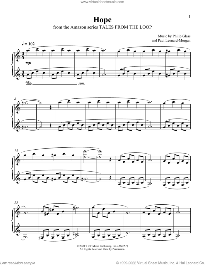 Hope (from Tales From The Loop) sheet music for piano solo by Philip Glass and Paul Leonard-Morgan, Paul Leonard-Morgan and Philip Glass, intermediate skill level