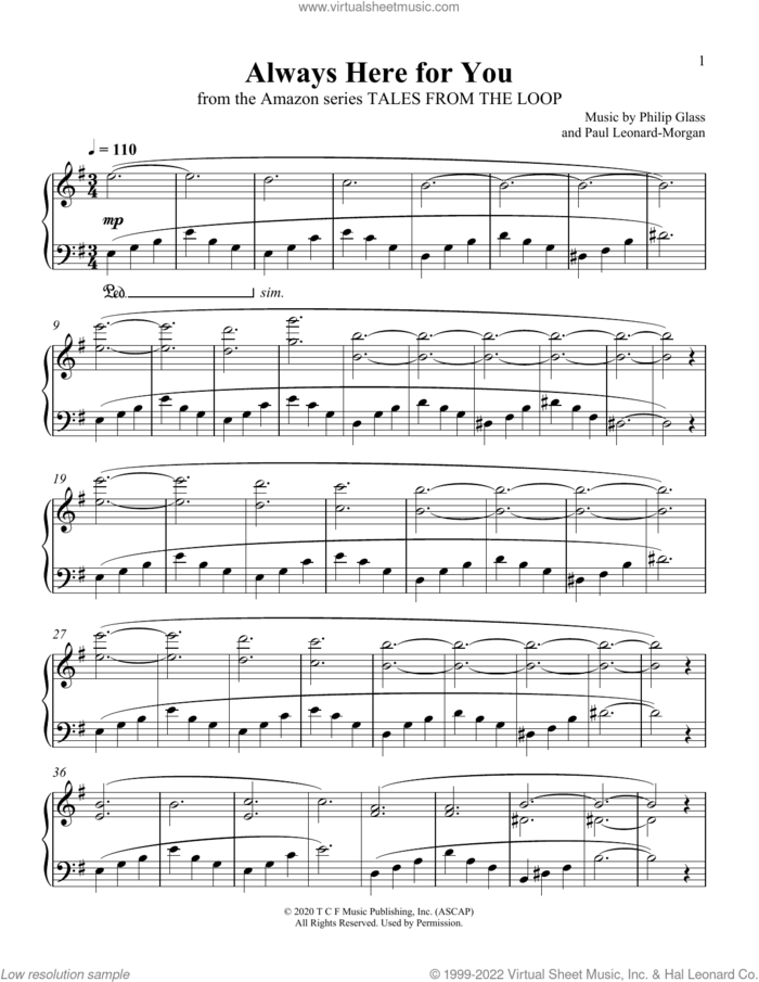 Always Here For You (from Tales From The Loop) sheet music for piano solo by Philip Glass and Paul Leonard-Morgan, Paul Leonard-Morgan and Philip Glass, intermediate skill level