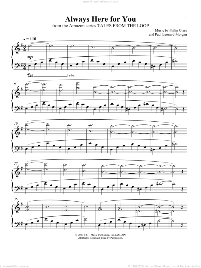 Always Here For You (from Tales From The Loop) sheet music for piano solo by Philip Glass and Paul Leonard-Morgan, Paul Leonard-Morgan and Philip Glass, intermediate skill level