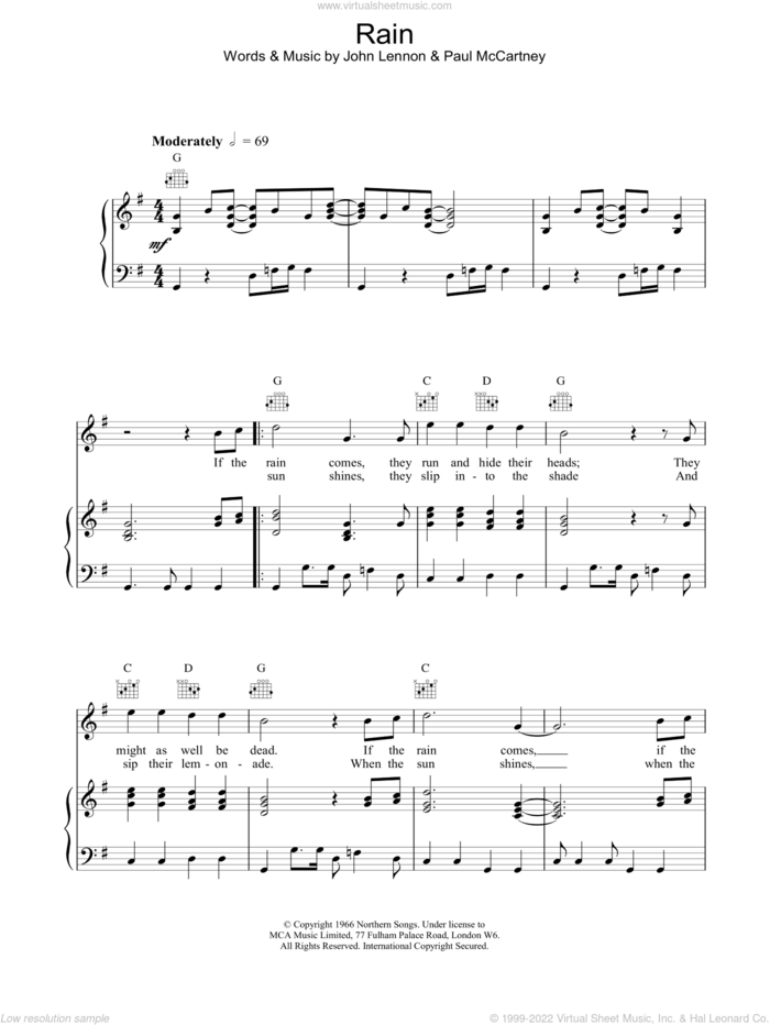 Rain sheet music for voice, piano or guitar by The Beatles, intermediate skill level
