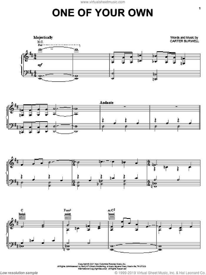 One Of Your Own sheet music for voice, piano or guitar by Carter Burwell, intermediate skill level