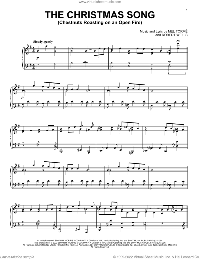 The Christmas Song (Chestnuts Roasting On An Open Fire) sheet music for piano solo by Mel Torme and Robert Wells, intermediate skill level